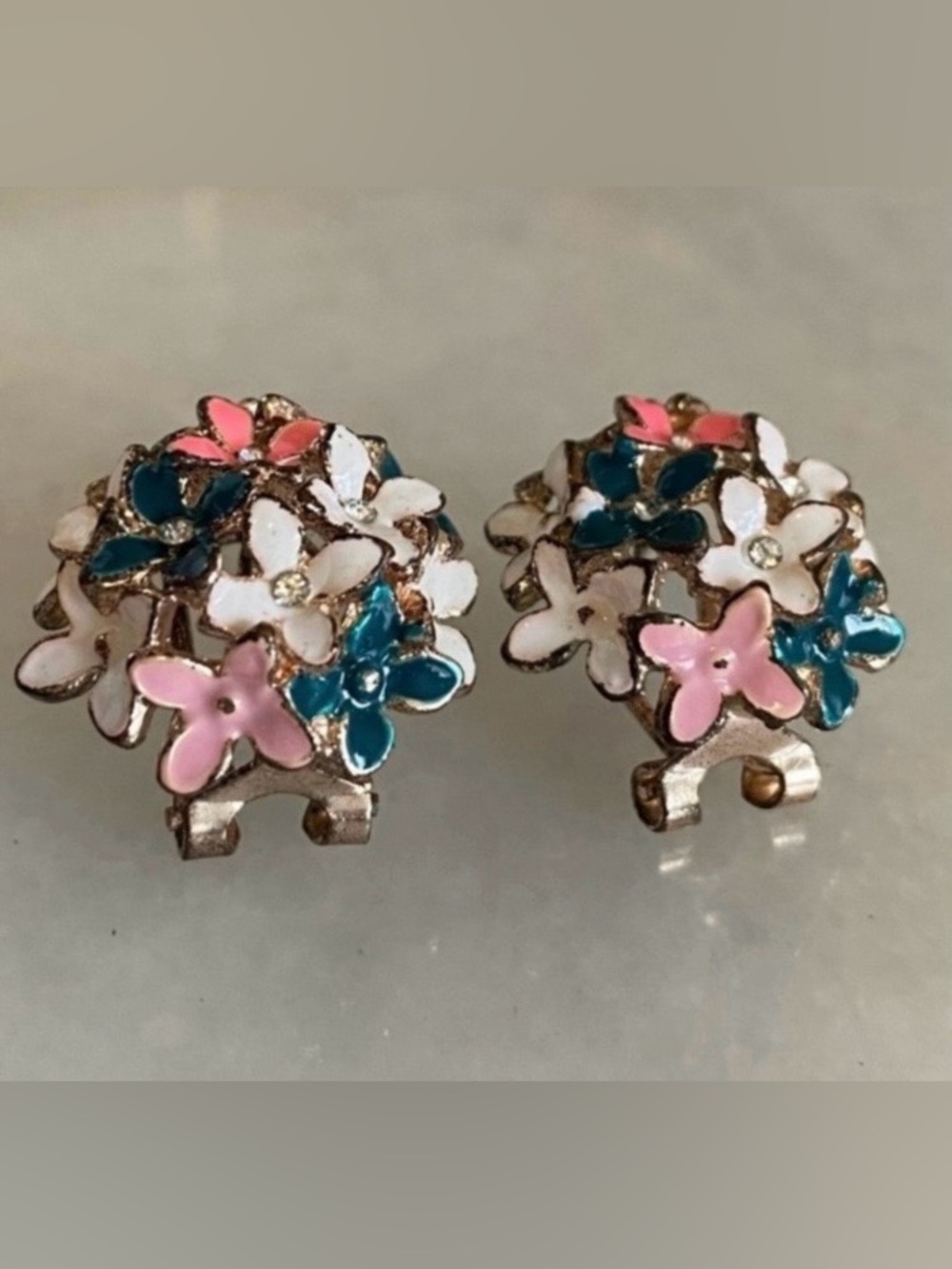 Vintage Floral Cluster Clip-On Earrings in Pink, White & Teal